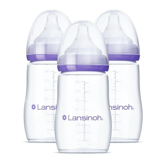 Lansinoh Anti-Colic Baby Bottles Breastfeeding Babies 8 OZ 3 Medium Flow Nipples - Picture 1 of 8